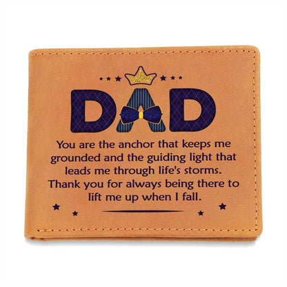 Leather wallet with "Dad You Are The Anchor" design, gift for fathers.