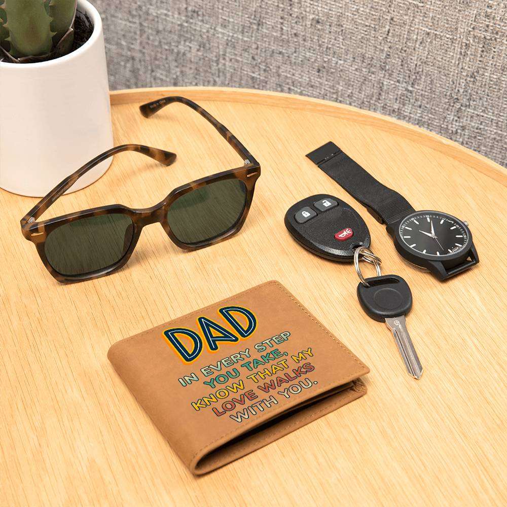 Leather wallet for dad with sentimental message on a wooden table.