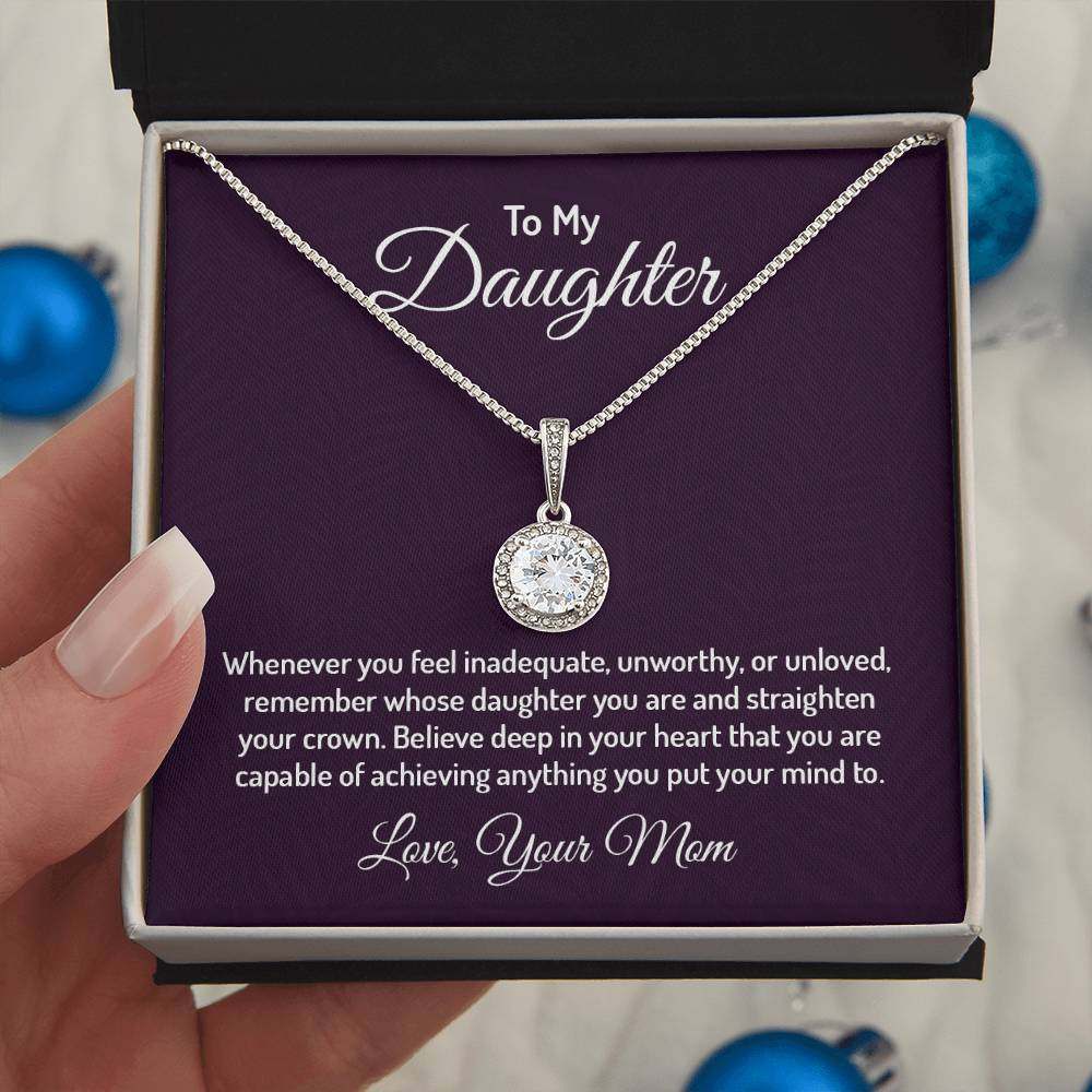 Eternal Hope Necklace in gift box with message for daughter, featuring sparkling cubic zirconia crystal.
