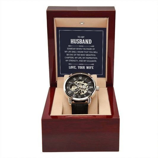 Men's openwork watch with leather strap in luxury mahogany box, perfect gift from wife to husband.