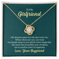 Love Knot Necklace gift for girlfriend with cubic zirconia crystals, 14k or 18k gold over stainless steel.