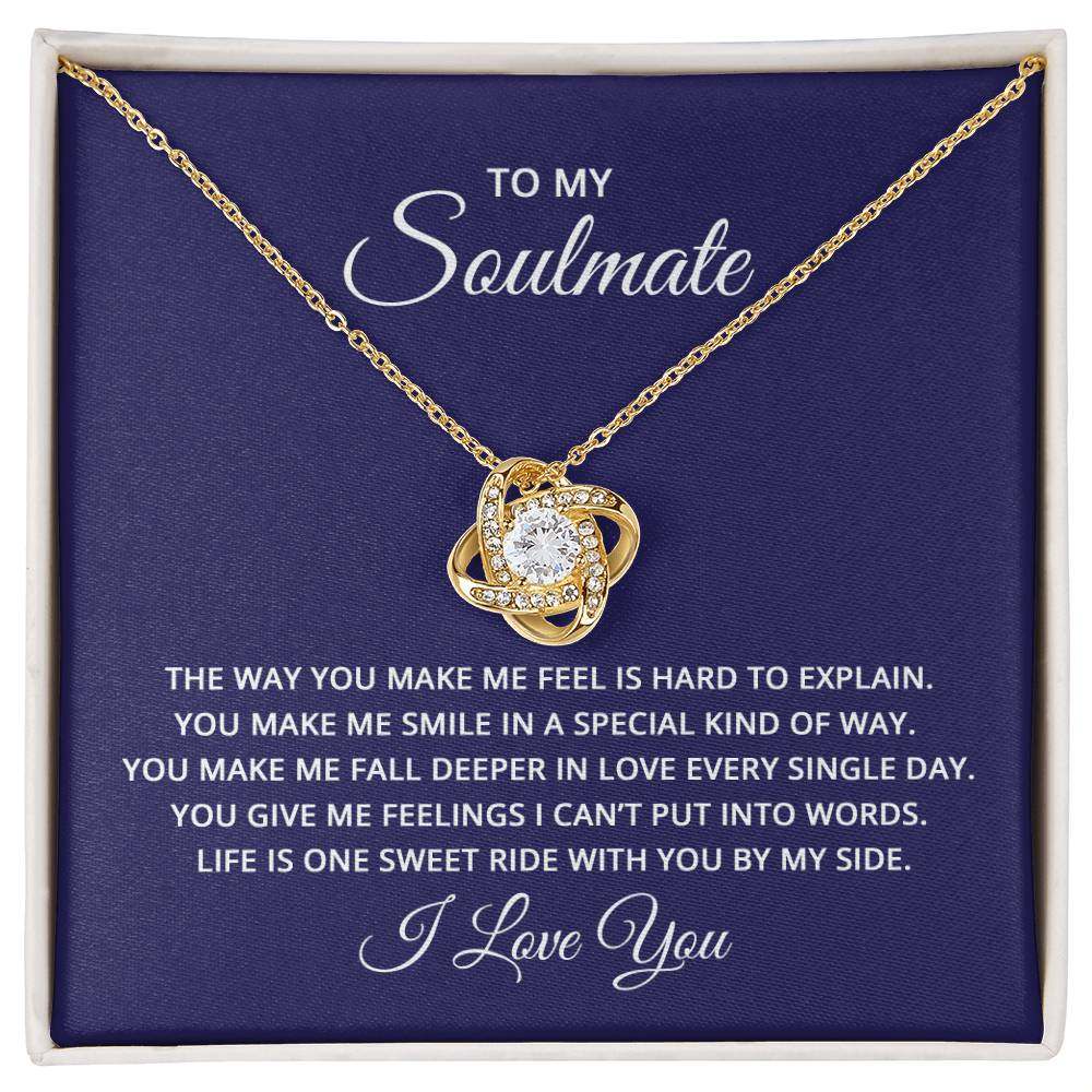 Love Knot Necklace for Soulmate with message card, featuring cubic zirconia and gold chain, gift for loved ones.
