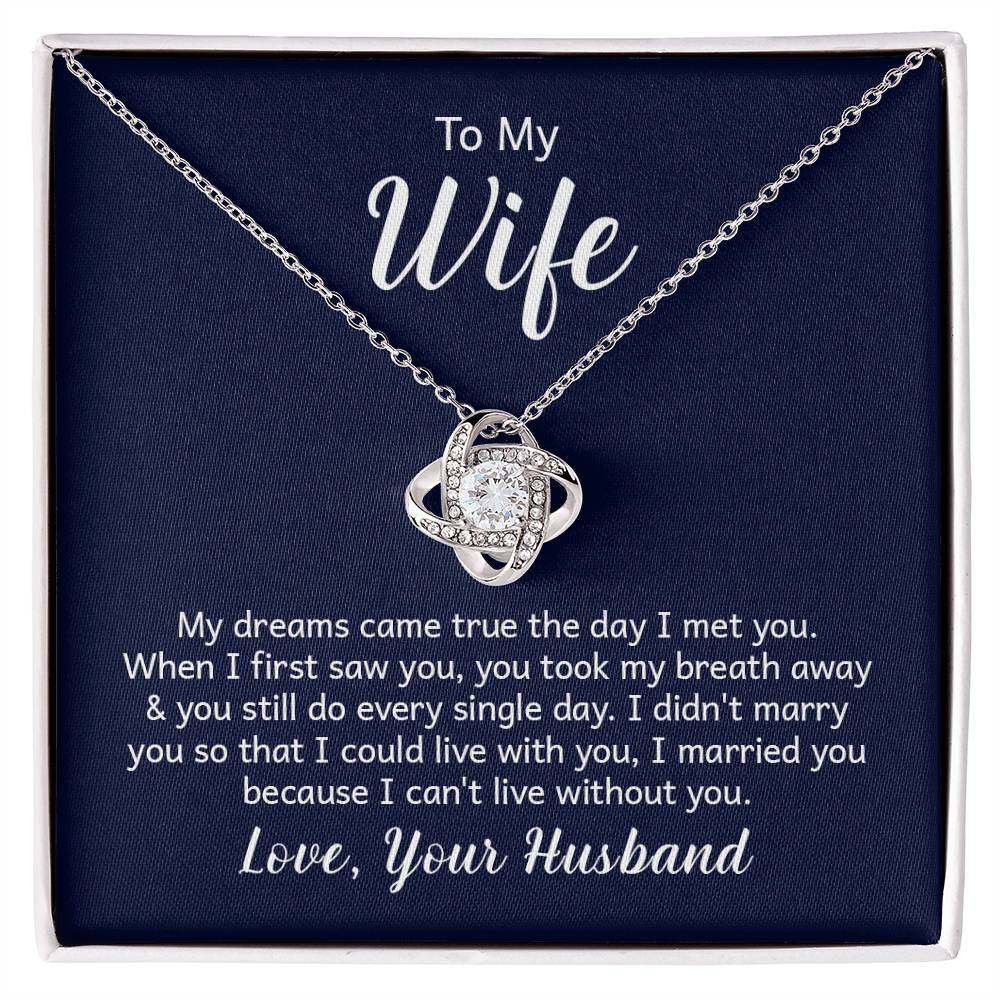Love Knot Necklace in gift box with romantic message from husband to wife, featuring cubic zirconia pendant on adjustable chain.