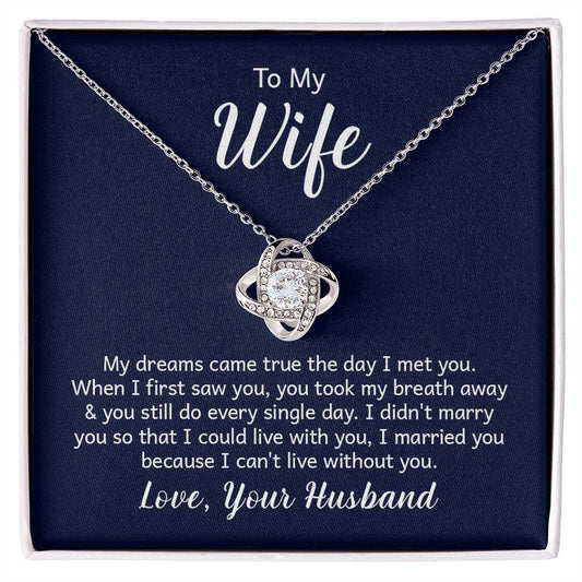 Love Knot Necklace in gift box with romantic message from husband to wife, featuring cubic zirconia pendant on adjustable chain.