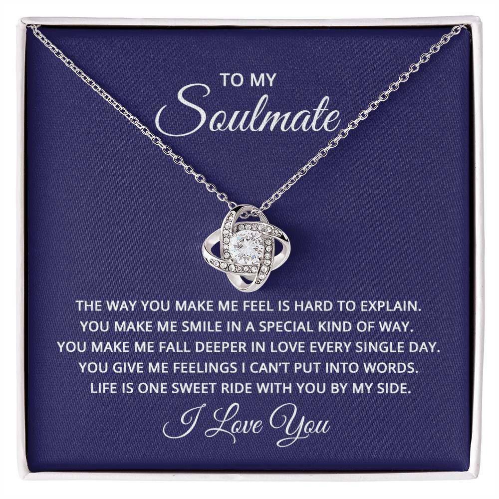 Love Knot Necklace for Soulmate with cubic zirconia, shown in gift box with sentimental message.