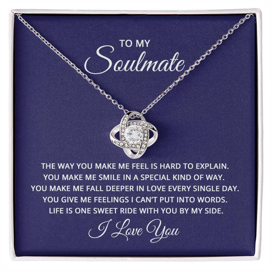 Love Knot Necklace for Soulmate with cubic zirconia, shown in gift box with sentimental message.