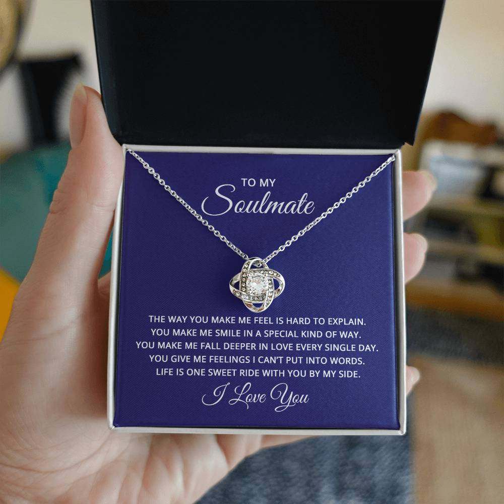 Love Knot Necklace in gift box for soulmate with sentimental message.