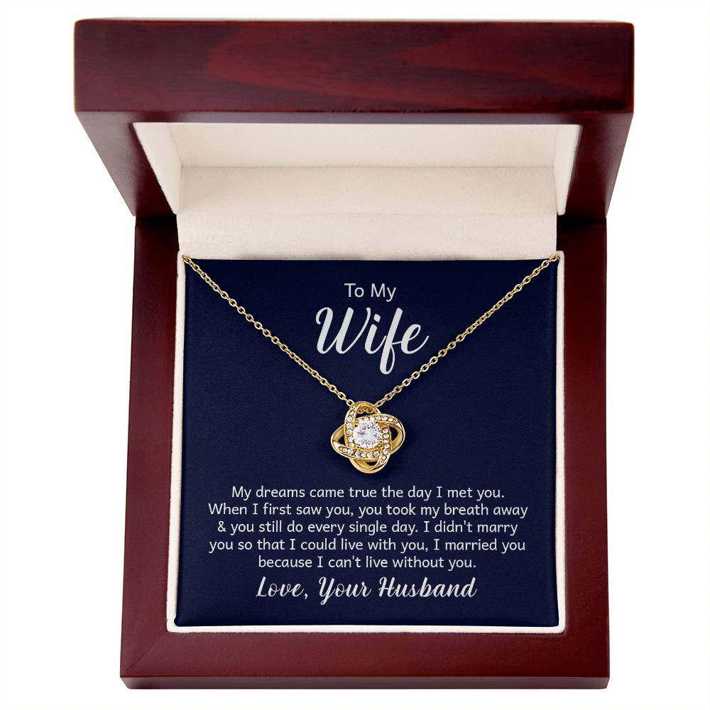Love Knot Necklace in gift box with heartfelt message card for wife.