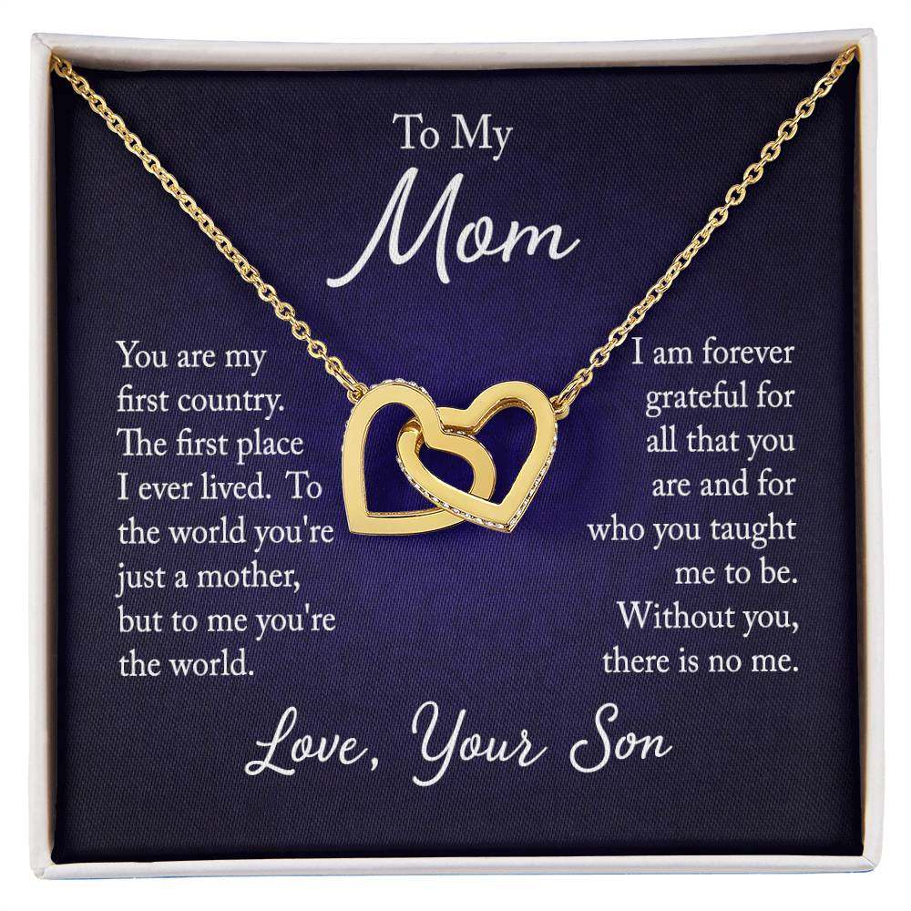 Interlocking hearts necklace for mom from son with cubic zirconia crystals.