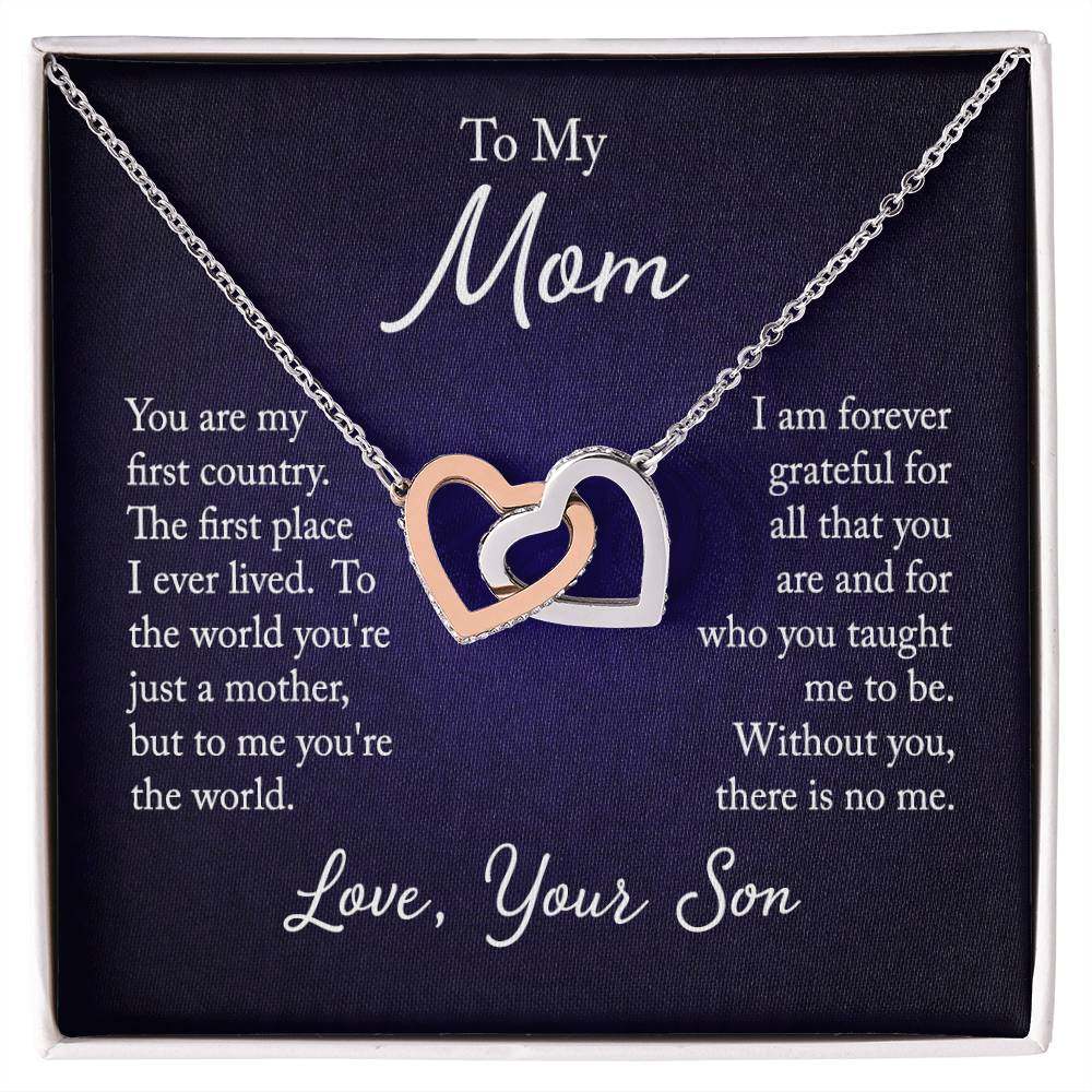 Interlocking Hearts Necklace for Mom with CZ Crystals – Gift from Son.