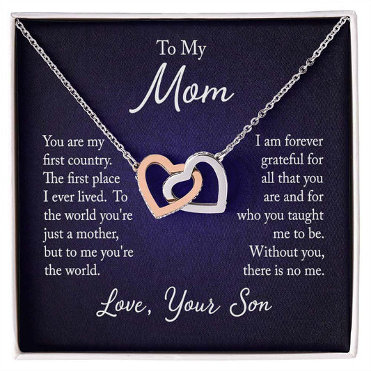 Interlocking Hearts Necklace for Mom with CZ Crystals – Gift from Son.