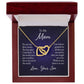 Interlocking hearts necklace for mom from son in luxury box with heartfelt message.