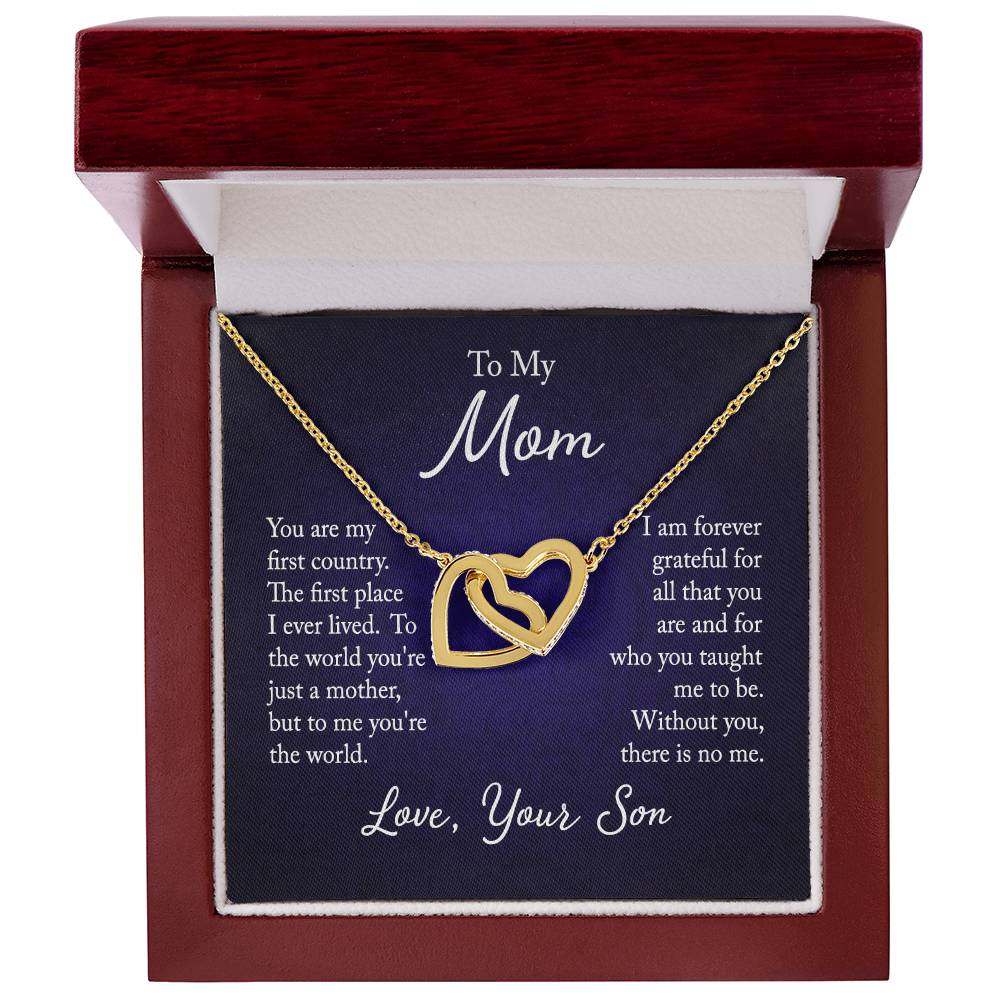 Interlocking hearts necklace for mom from son in luxury box with heartfelt message.