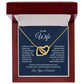 Interlocking hearts necklace for wife, featuring CZ crystals and gold finish, in gift box with sentimental message.