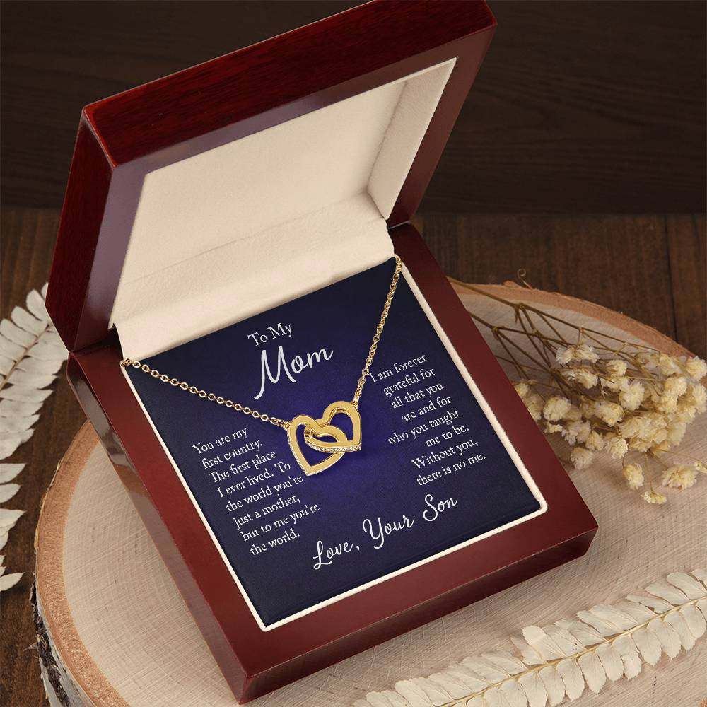 Interlocking Hearts Necklace - Gift for Mom from Son with CZ Crystals in Luxury Box.