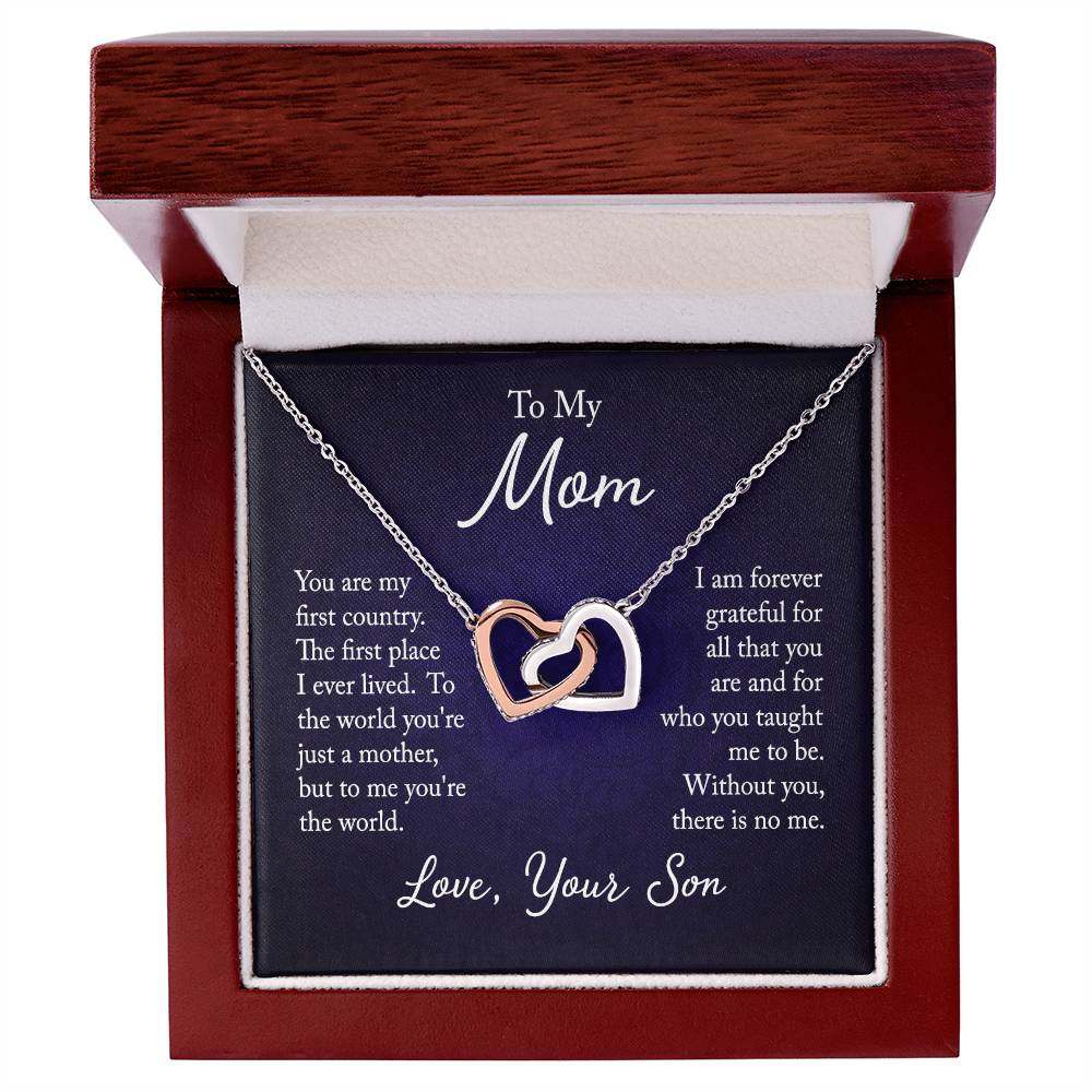Interlocking Hearts Necklace for Mom from Son with Cubic Zirconia Crystals in Gift Box