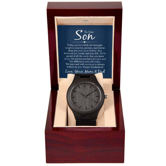Wooden watch gift for son from mom and dad in a gift box, sandalwood case, black leather strap.