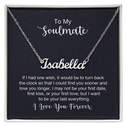 Custom name necklace for soulmate with "Isabella" text and romantic message in gift box.