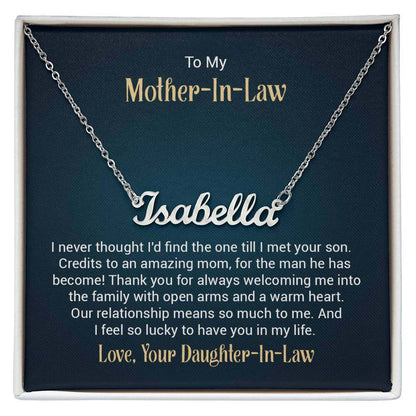 Customised name necklace gift for mother-in-law in elegant box with heartfelt message.
