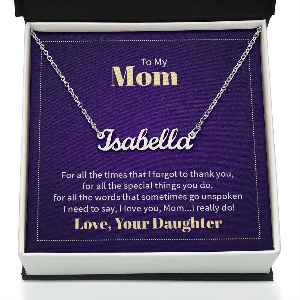 Custom name necklace for mom from daughter, personalized gift in box, cursive design.