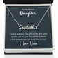 Customized name necklace for daughter in gift box with loving message.