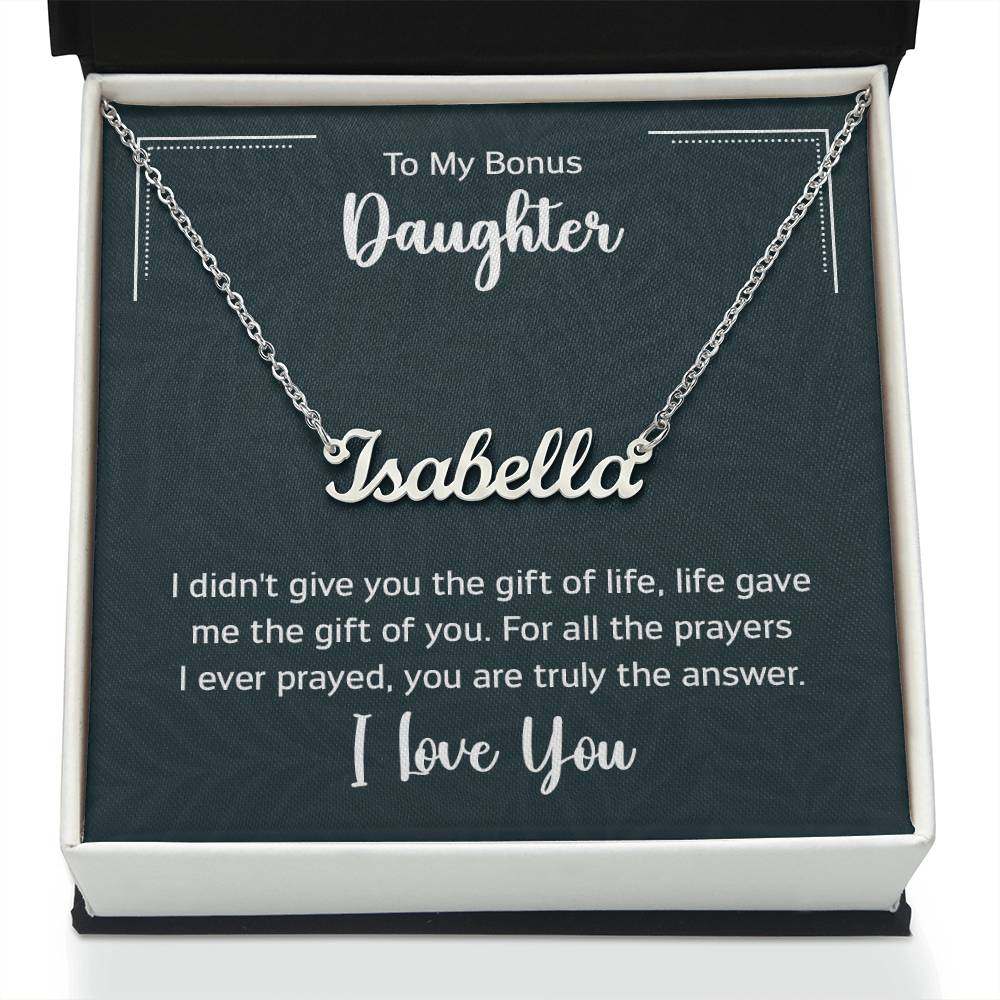 Customized name necklace for daughter in gift box with loving message.