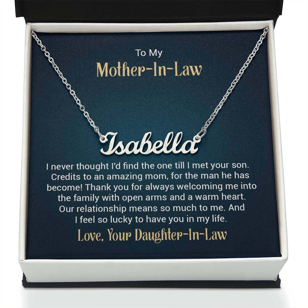 Customised name necklace gift for mother-in-law with elegant box and heartfelt message.