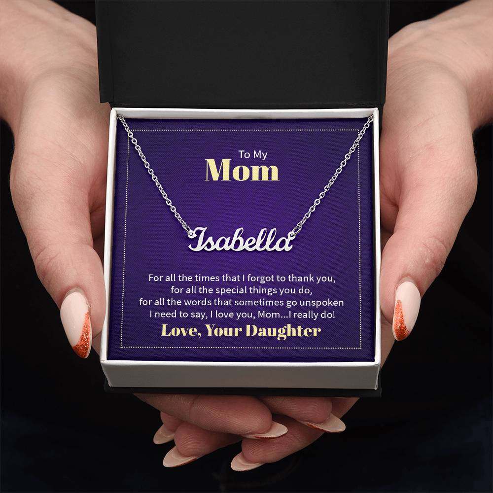 Custom name necklace for mom from daughter, personalized cursive design, 16”-18” adjustable cable chain.