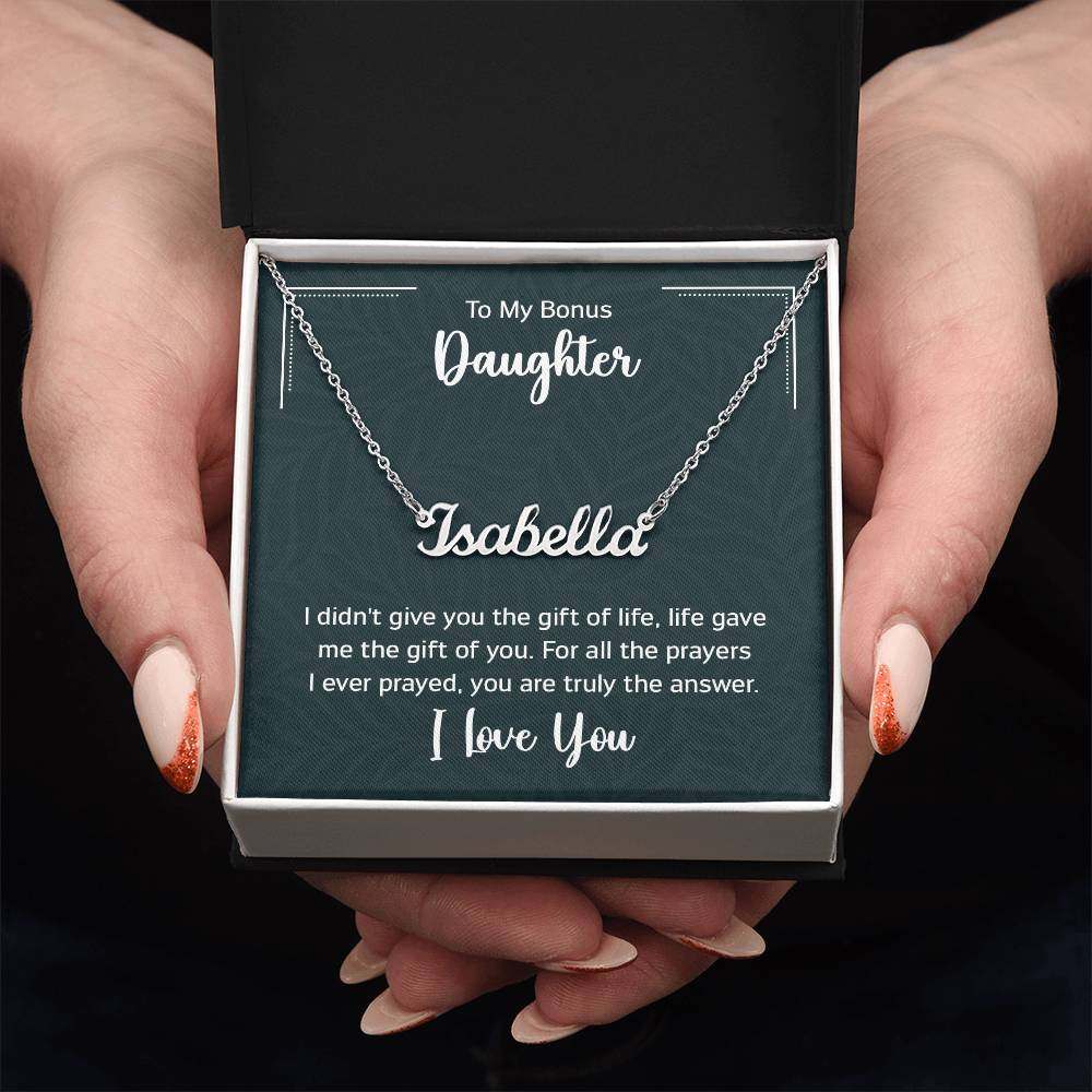 Customised name necklace for daughter in gift box with personalized message.