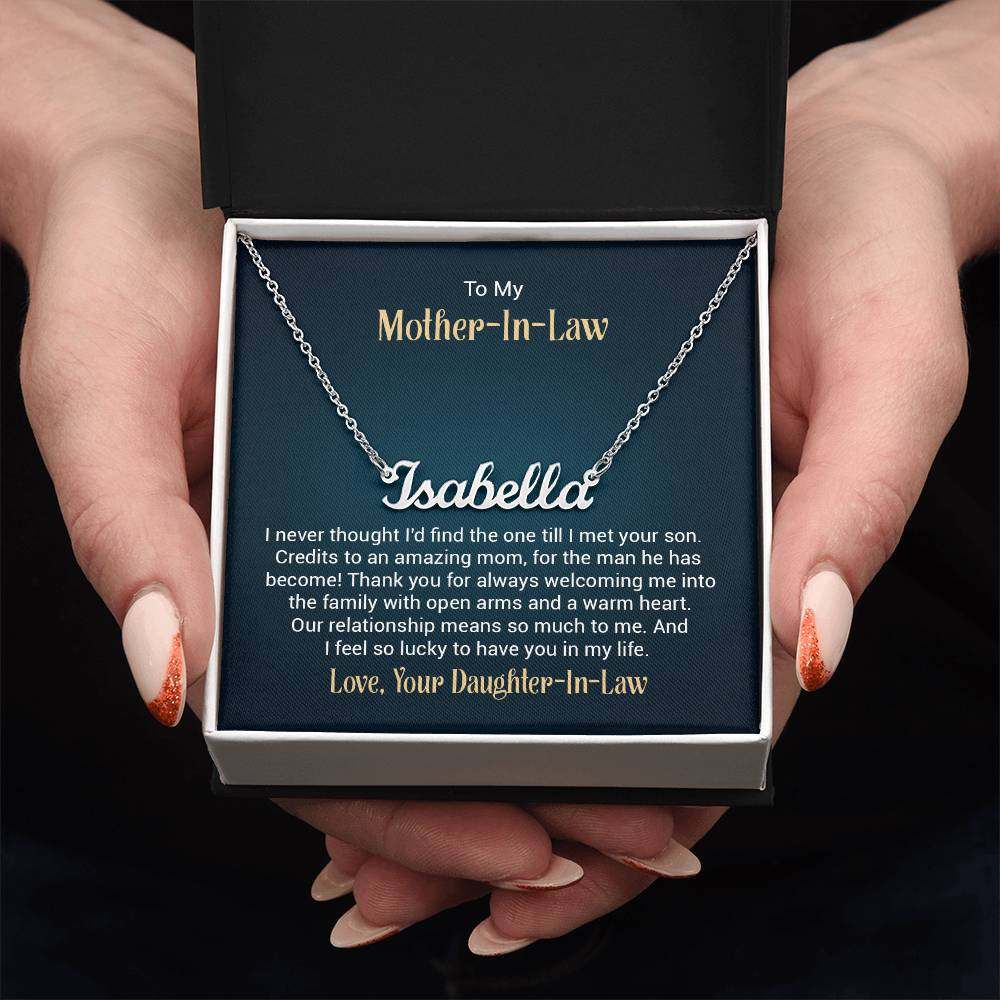 Customised name necklace gift for mother-in-law in a gift box.