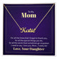 Custom name necklace gift for mom, personalized jewelry with cursive design, adjustable chain, and heartfelt message from daughter.
