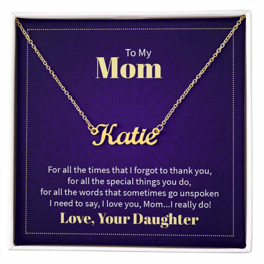 Custom name necklace gift for mom, personalized jewelry with cursive design, adjustable chain, and heartfelt message from daughter.