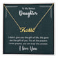 Customised name necklace on a dark background card for daughter, featuring a cursive pendant and heartfelt message.