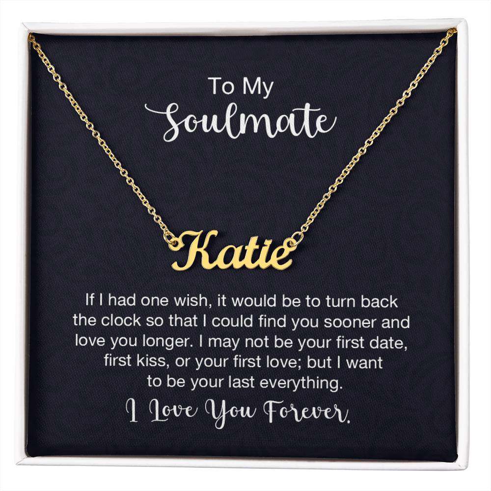 Custom name necklace for soulmate with cursive design and heartfelt message.