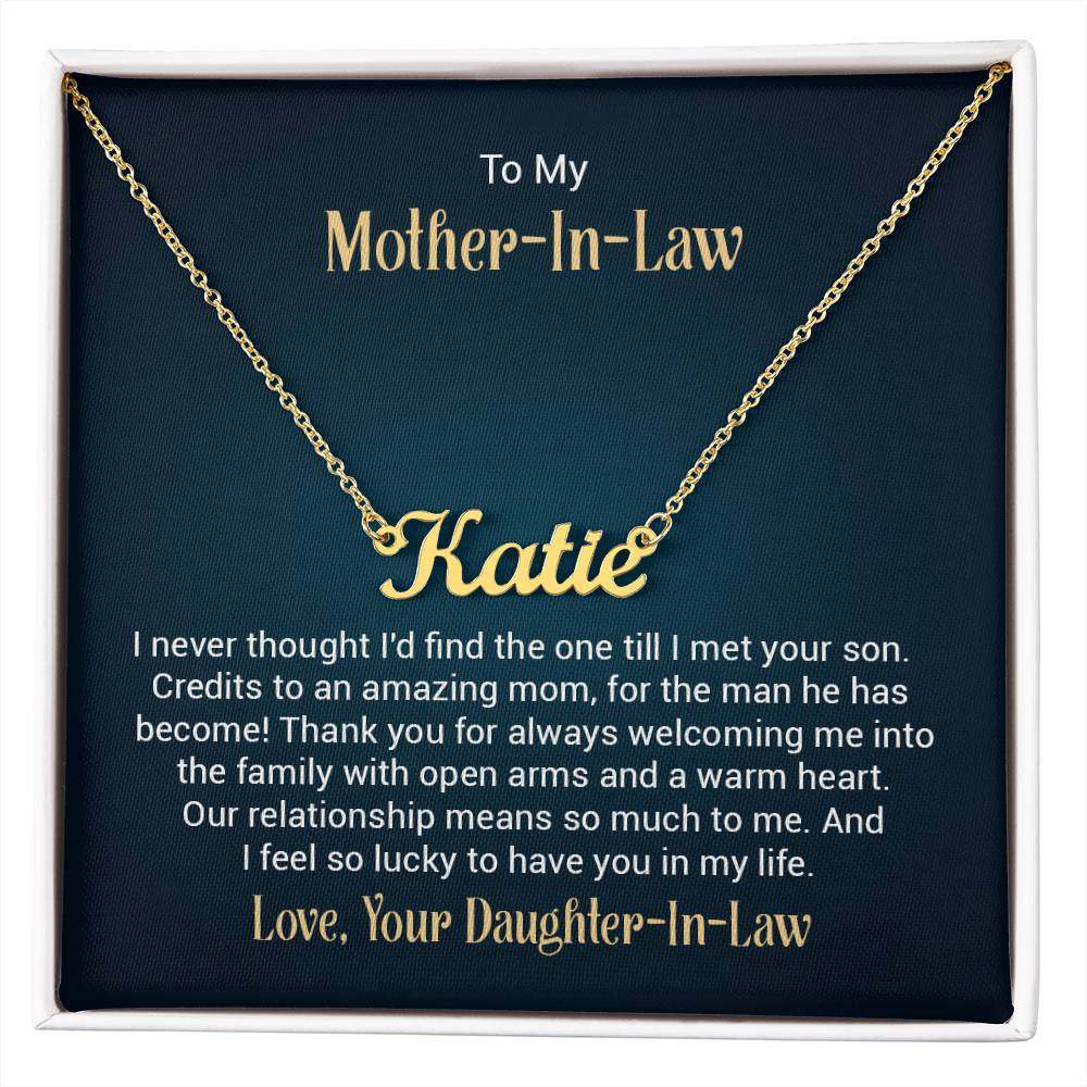 Customised name necklace gift for mother-in-law with heartfelt message from daughter-in-law.