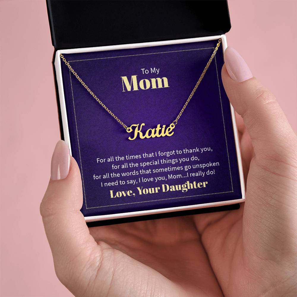 Custom name necklace for mom from daughter, shown in gift box with personalized message.