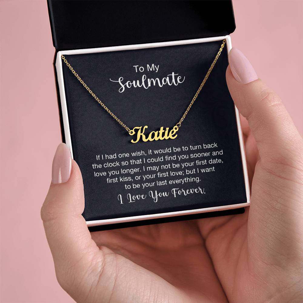 Custom name necklace gift for soulmate in gold finish, displayed in a box with a sentimental message.