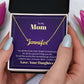 Custom gold name necklace for mom in a gift box with a heartfelt message from daughter.