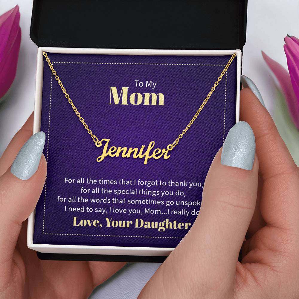 Custom gold name necklace for mom in a gift box with a heartfelt message from daughter.
