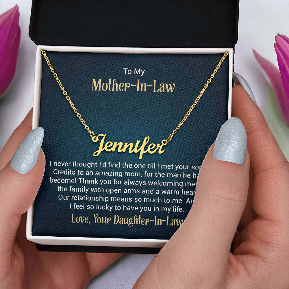 Customised gold name necklace gift for mother-in-law in stylish box.