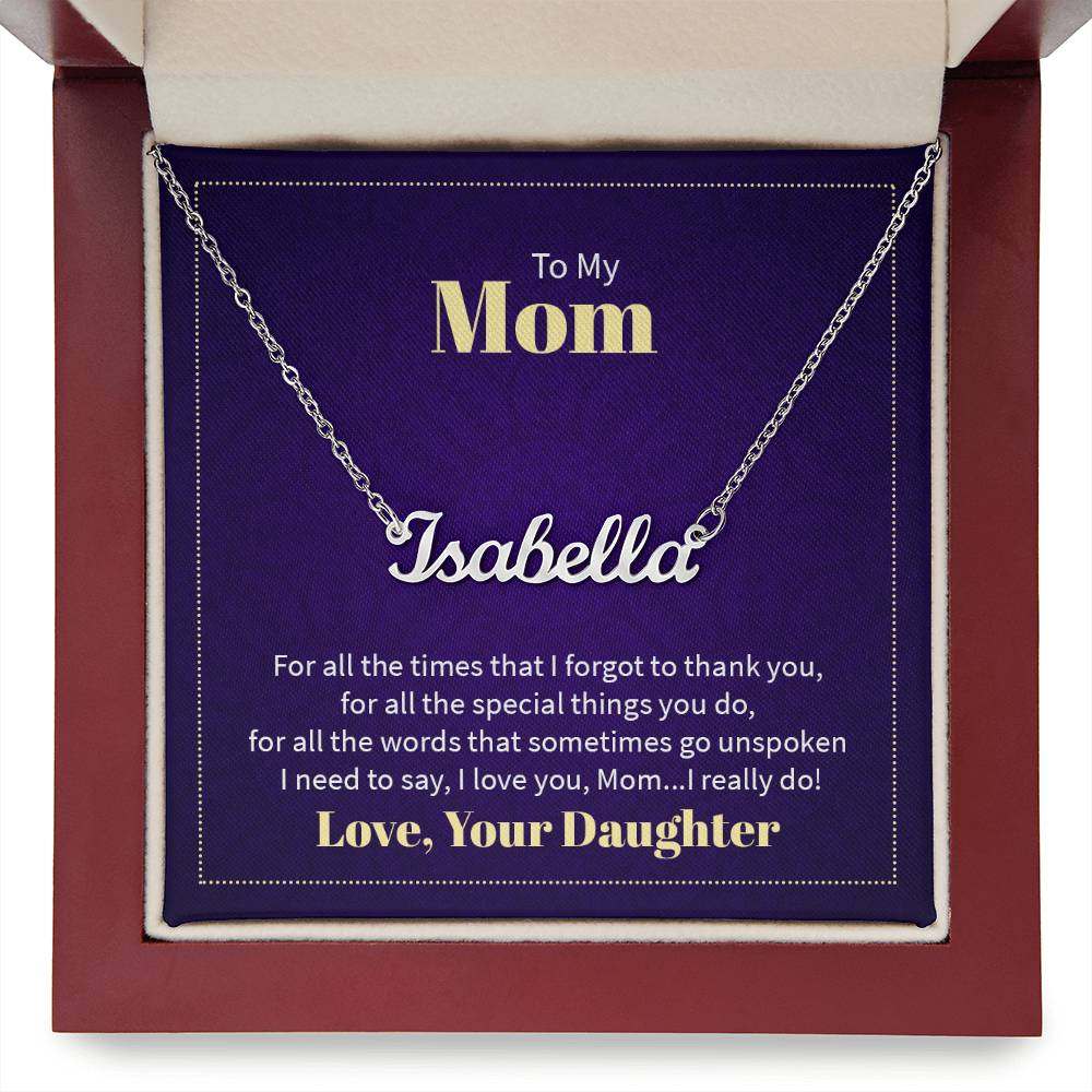 Custom name necklace in a gift box with a heartfelt message from daughter to mom.