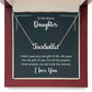 Customised name necklace for daughter in gift box with heartfelt message.