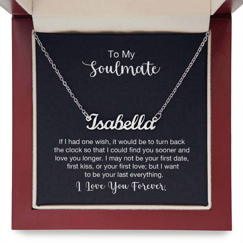 Custom name necklace in a box with "To My Soulmate" engraved, featuring an adjustable chain and cursive design.
