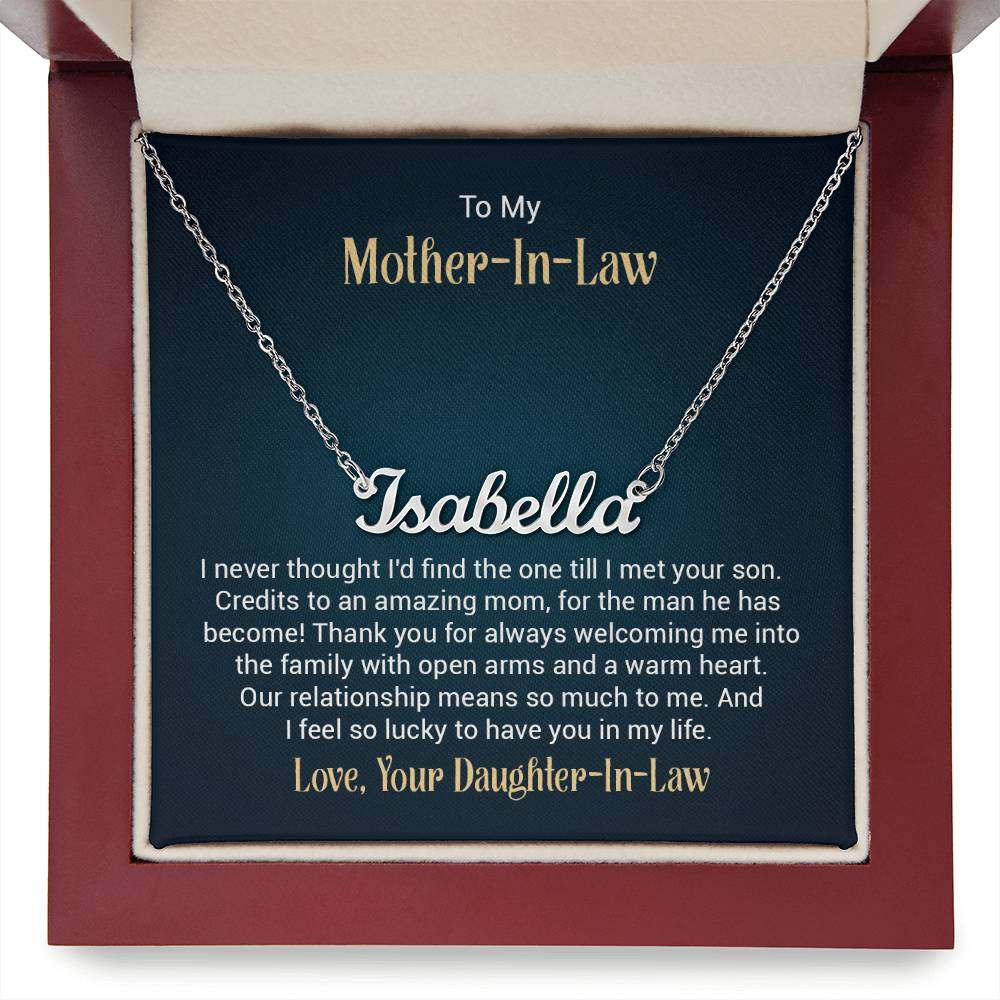 Customised name necklace in gift box with heartfelt message for mother-in-law.