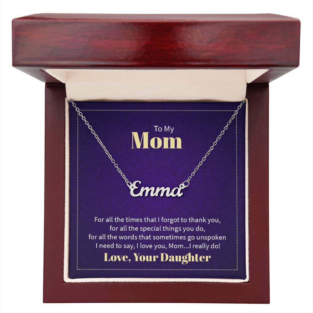 Custom name necklace for mom with personalized message in luxury gift box.