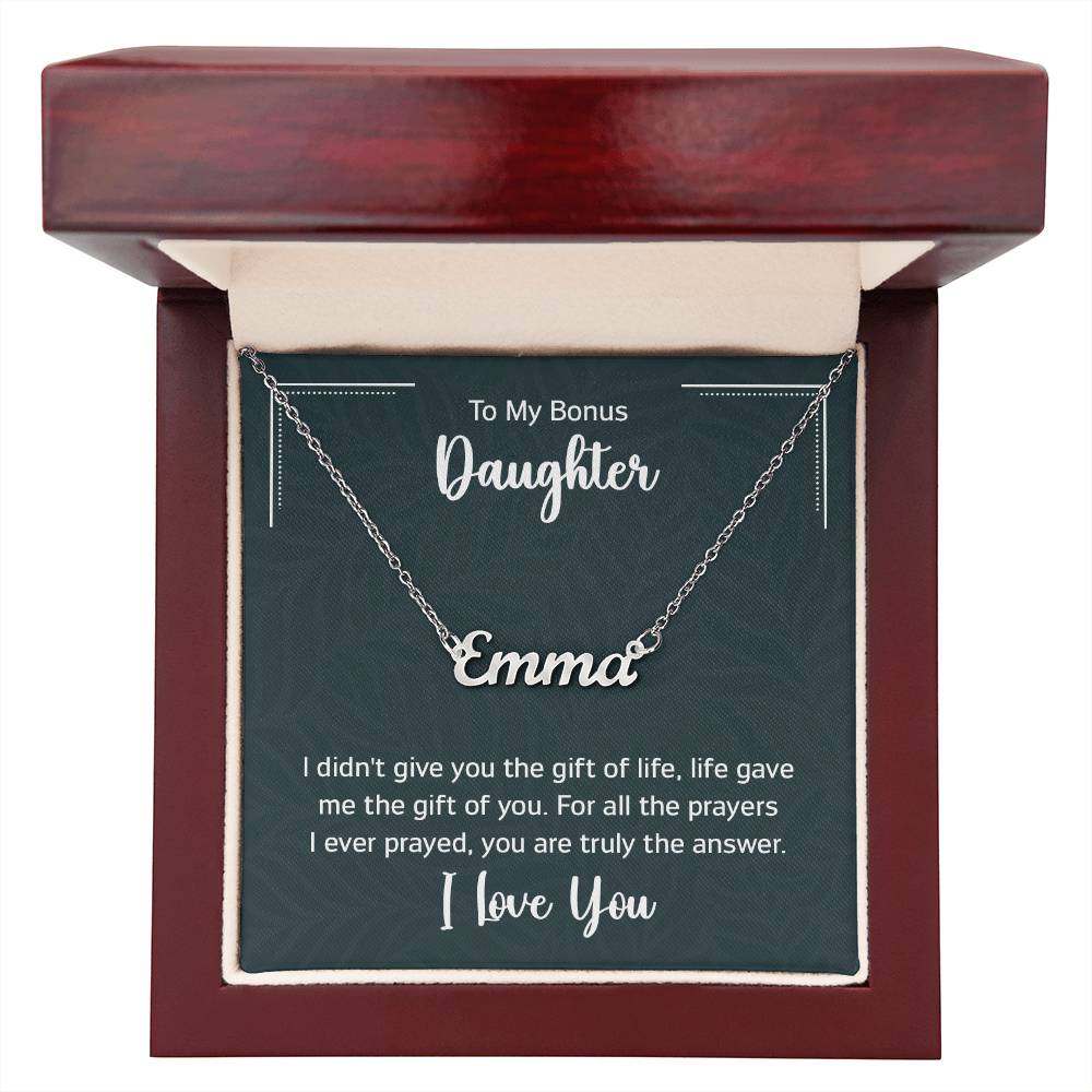 Customised name necklace for daughter in luxury gift box with LED spotlight.