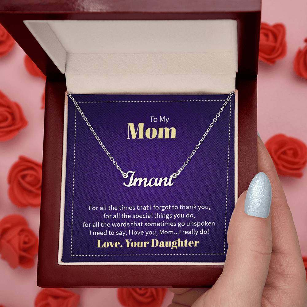 Custom name necklace gift for mom from daughter, featuring cursive design on adjustable chain, in gift box.