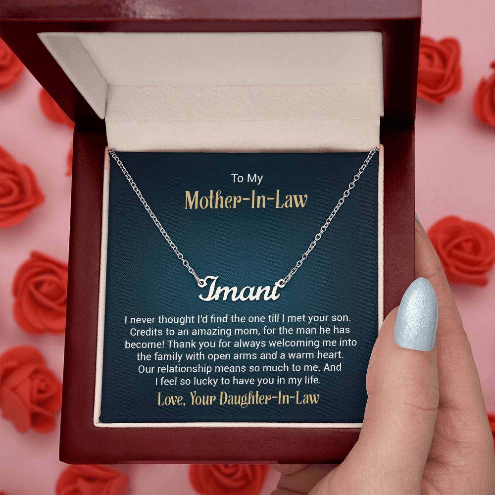 Customized name necklace for mother-in-law in gift box with personal message.