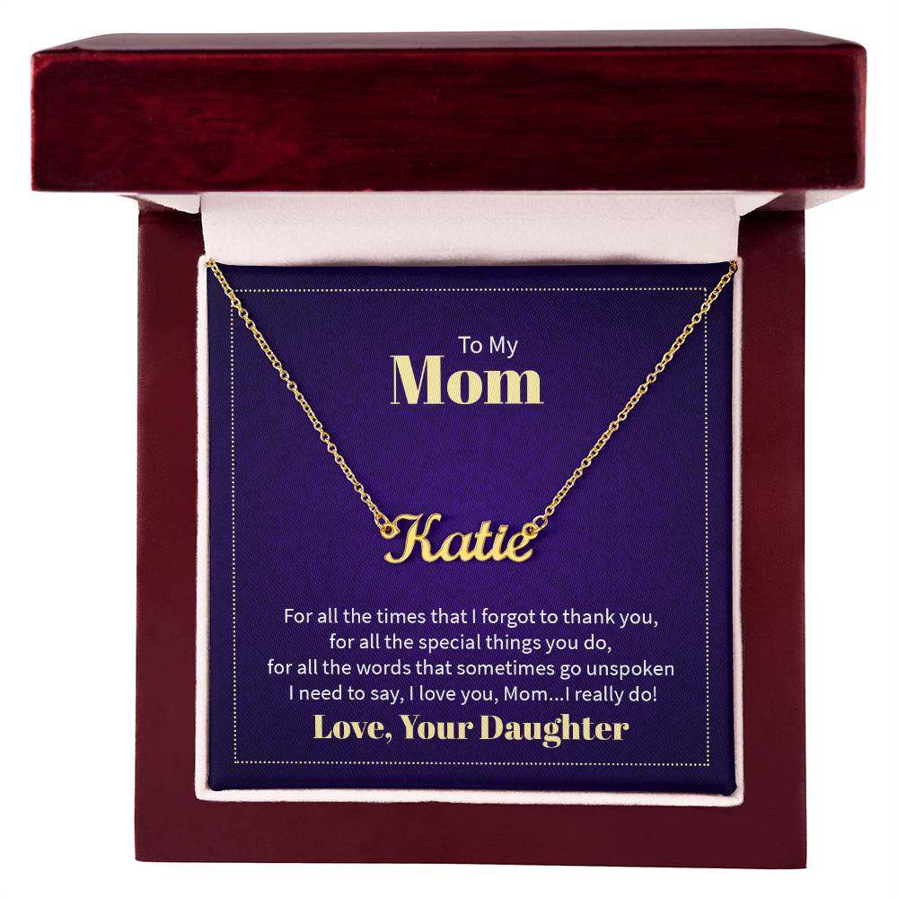 Custom name necklace for mom from daughter in a luxury gift box.