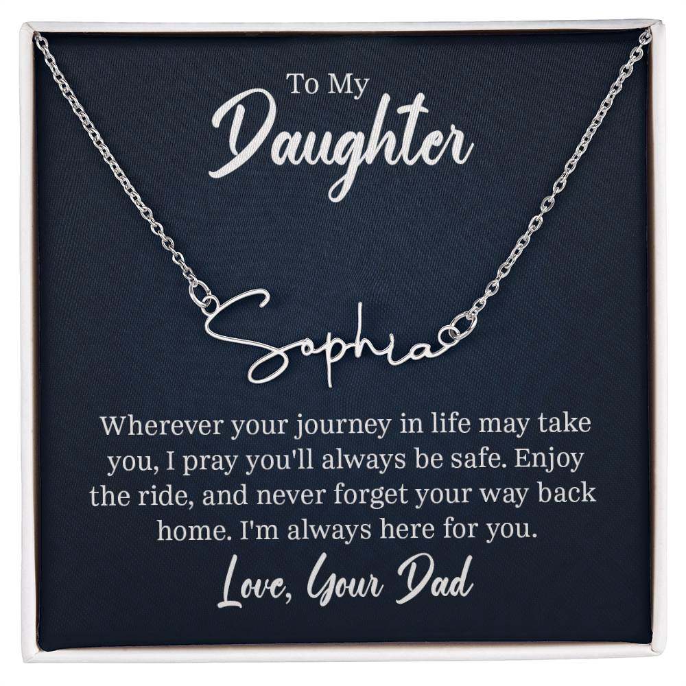 Customizable signature name necklace for daughter from dad, featuring polished stainless steel or 18K gold finish on adjustable chain, personalized up to 10 characters.